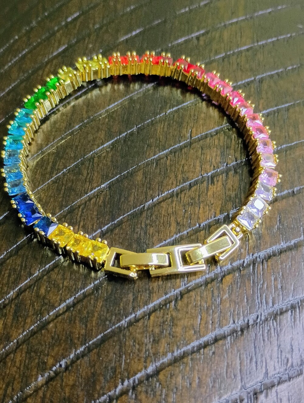 New Gold Tone Rainbow Tennis Bracelet - Multicolor CZ Stones - Picture 3 of 5